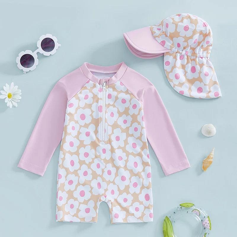 Let holdbar toddler pigebadedragt med rashguard - langærmet blomster flamingo print, polyester elastan, strandtøj