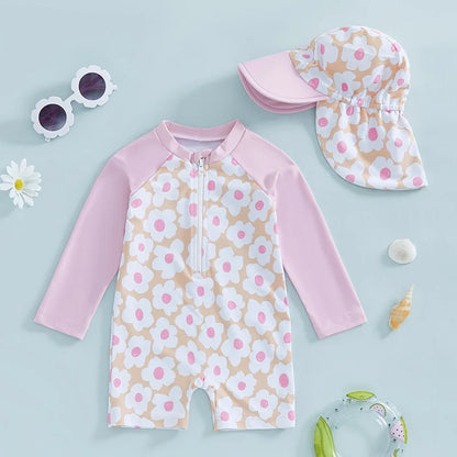 Let holdbar toddler pigebadedragt med rashguard - langærmet blomster flamingo print, polyester elastan, strandtøj