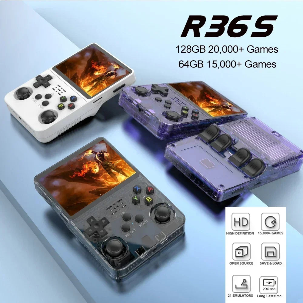 Consola de videojuegos portátil retro R36S - Pantalla IPS de 3,5", almacenamiento de 64 GB, sistema Linux