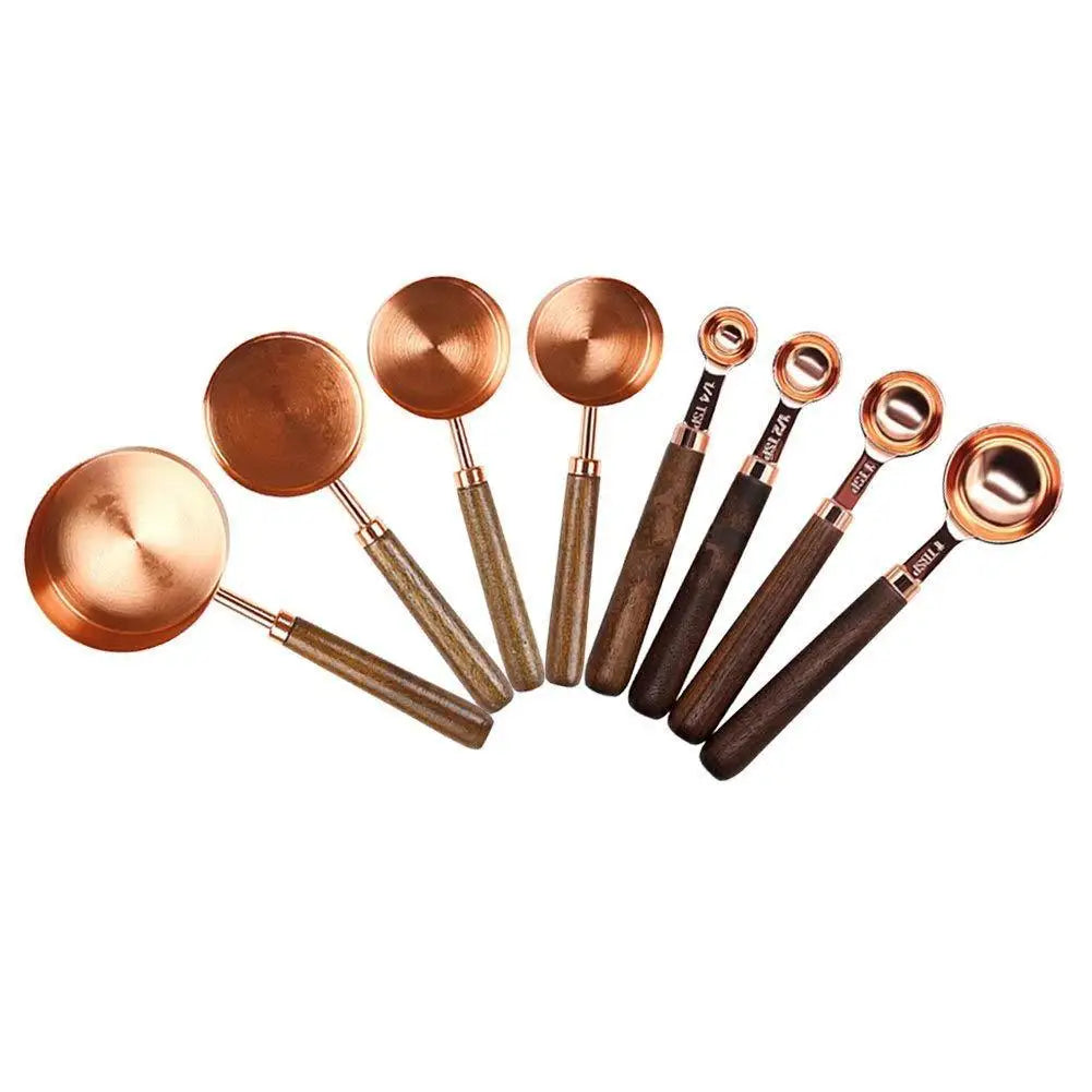 Acacia Wooden Handle Measuring Cups and Rose Gold Measuring Spoon Set - Baking Essentials