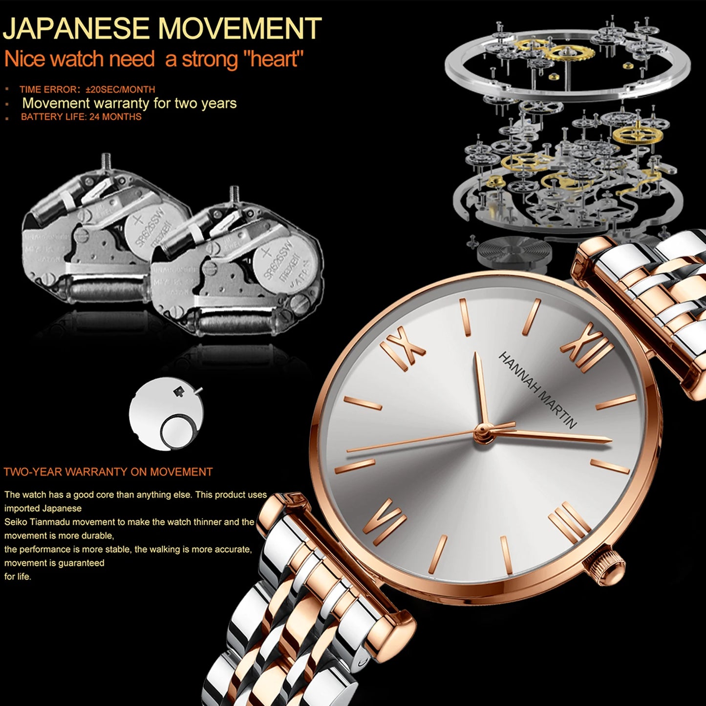 Timeless women's rose gold quartz wristwatch - stainless steel water-resistant minimalist round dial