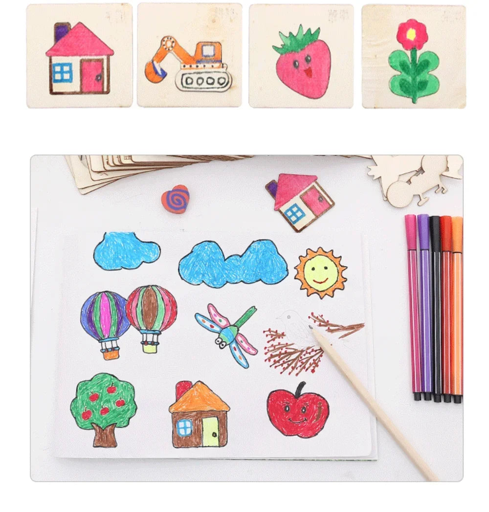 Wooden DIY Art Stencil Set for Kids - Creative Painting & Drawing Tools, Educational Craft Supplies