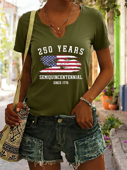 Soft Women's V-Neck T-Shirt - Short Sleeve, Patriotic Semiquincentennial Flag Print, Casual Top