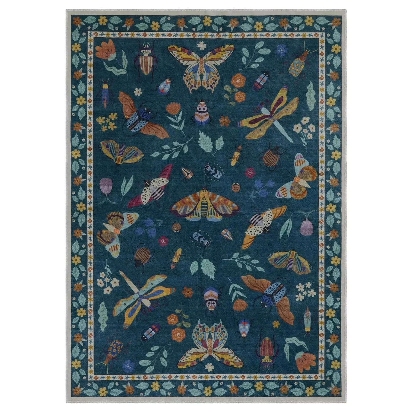 Insect Print Area Rug Teal Washable Non Slip Living Room
