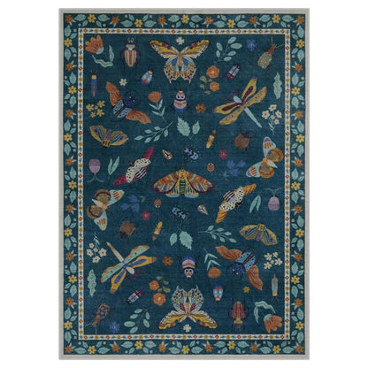 Insect Print Area Rug Teal Washable Non Slip Living Room
