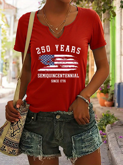 Soft Women's V-Neck T-Shirt - Short Sleeve, Patriotic Semiquincentennial Flag Print, Casual Top