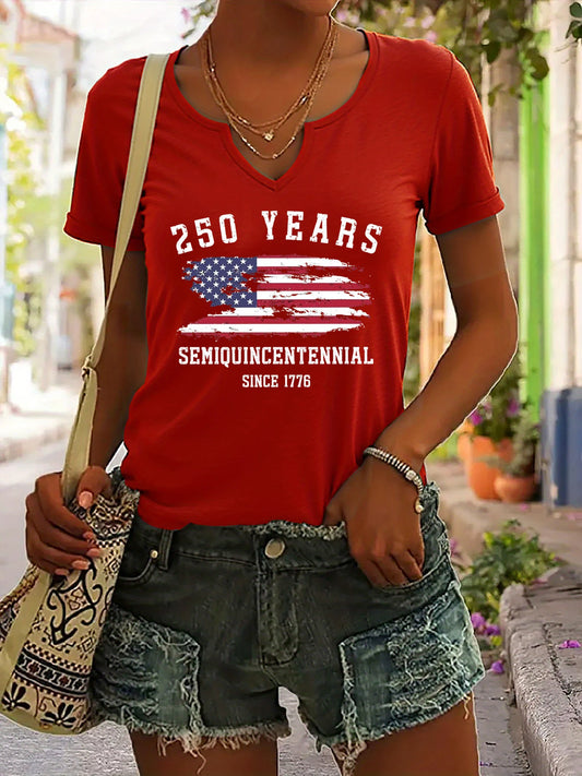 Soft Women's V-Neck T-Shirt - Short Sleeve, Patriotic Semiquincentennial Flag Print, Casual Top