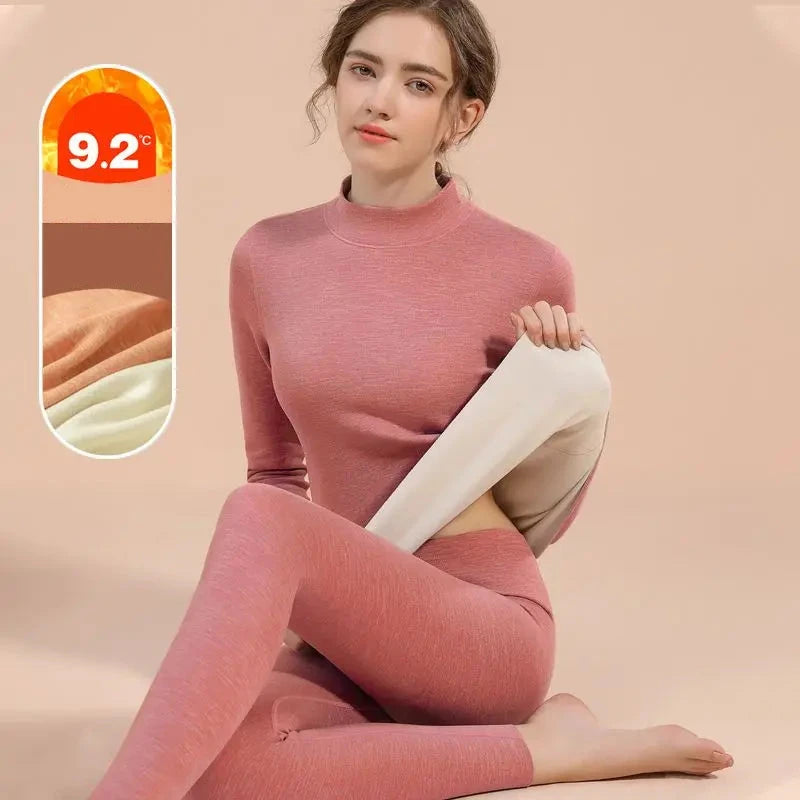 Velvet Thermal Underwear Set for Women - Warm Mid-High Collar Base Layer, Seamless Loungewear for Winter