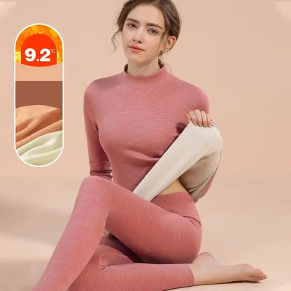 Velvet Thermal Underwear Set for Women - Warm Mid-High Collar Base Layer, Seamless Loungewear for Winter