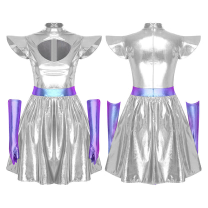 Zilverkleurige metallic astronauten-alien-tutu-jurk voor vrouwen, cosplayruimtecadetromper, Halloweenfeestjurk 2026