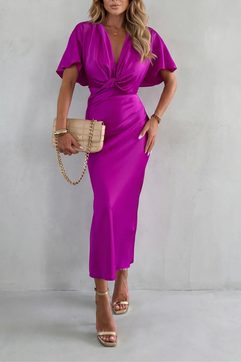 Fitted women's long dress – V-neck cross-junction, for after-work and evening events