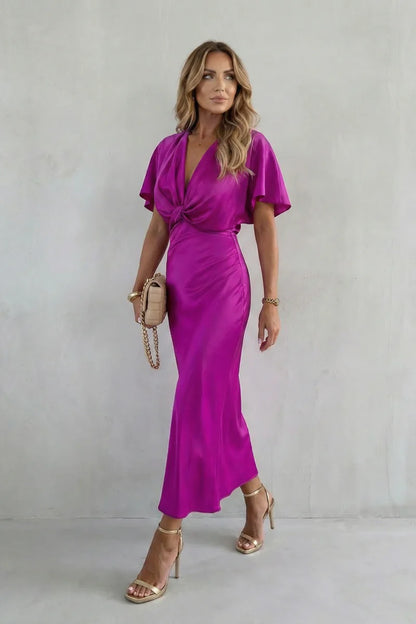 Fitted women's long dress – V-neck cross-junction, for after-work and evening events