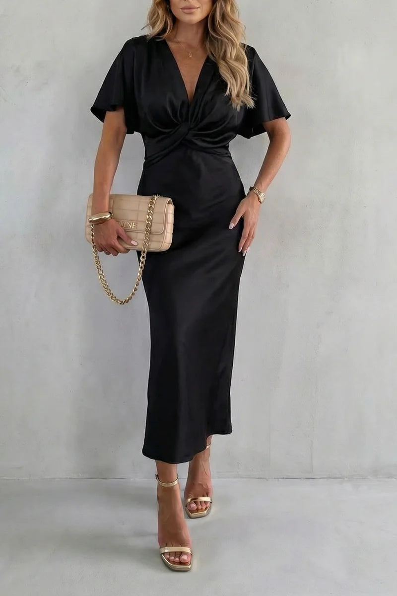 Fitted women's long dress – V-neck cross-junction, for after-work and evening events