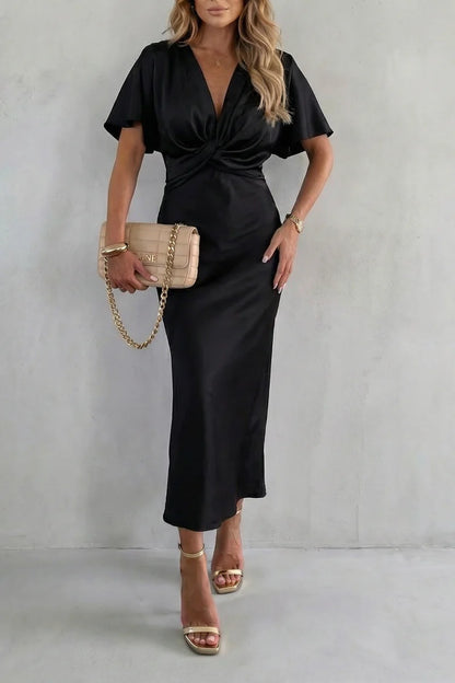 Fitted women's long dress – V-neck cross-junction, for after-work and evening events
