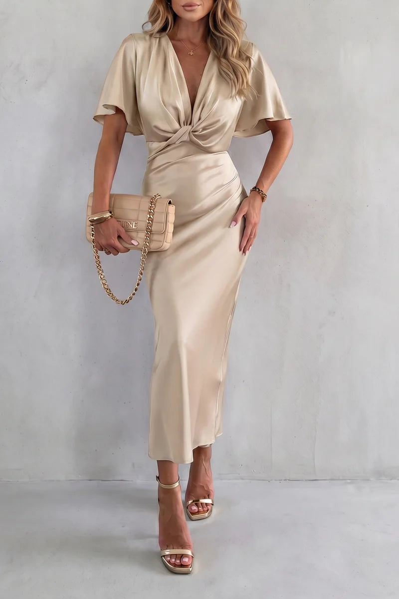 Fitted women's long dress – V-neck cross-junction, for after-work and evening events