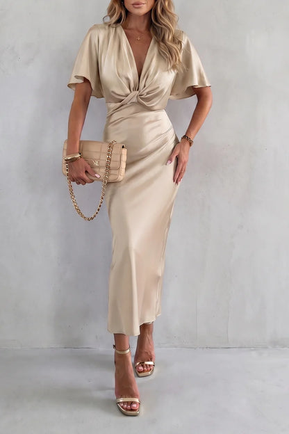 Fitted women's long dress – V-neck cross-junction, for after-work and evening events