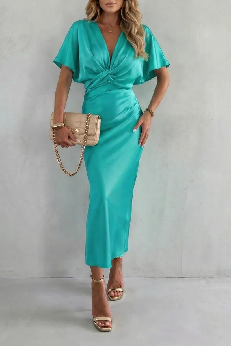 Fitted women's long dress – V-neck cross-junction, for after-work and evening events