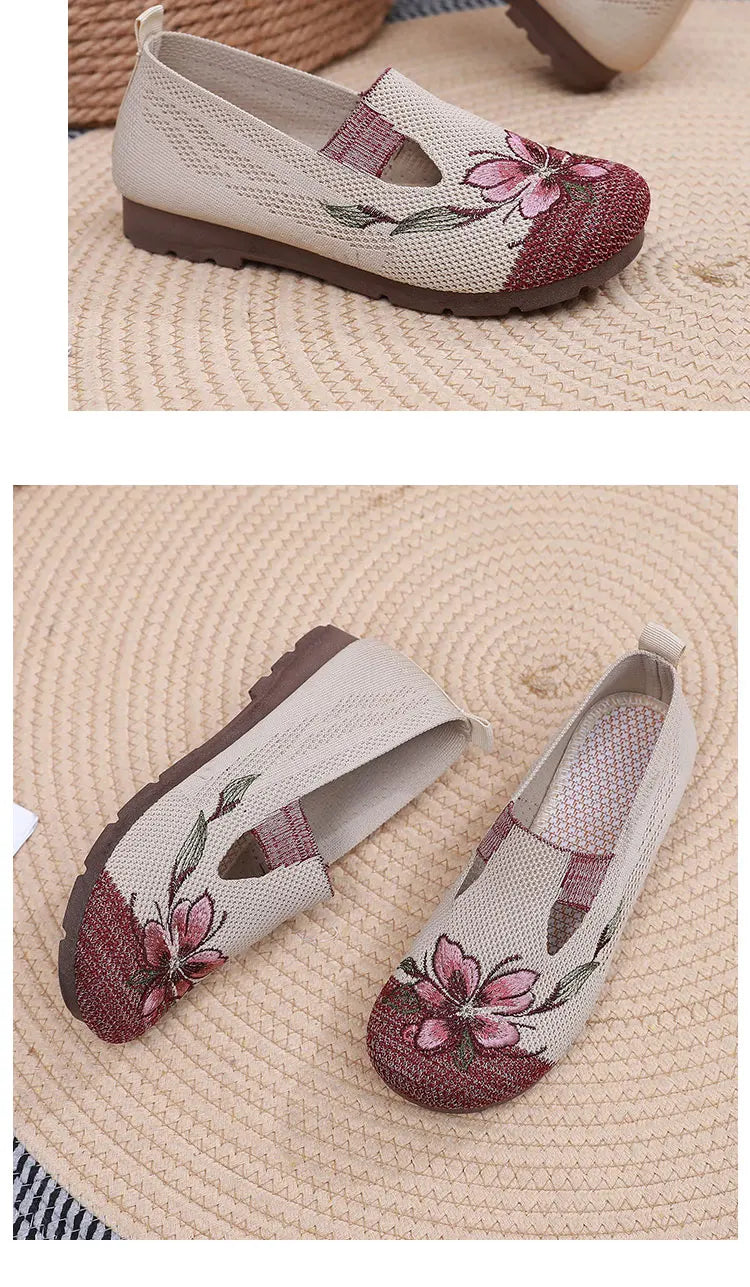 Breathable Women’s Flats - Slip-On Mesh, Embroidered