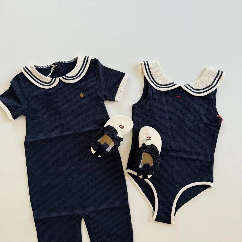 Blødt unisex baby badetøj sæt - klassisk sømand-stil heldragt, top, nederdel og romper, nylon, sommerstranddage