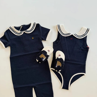 Blødt unisex baby badetøj sæt - klassisk sømand-stil heldragt, top, nederdel og romper, nylon, sommerstranddage