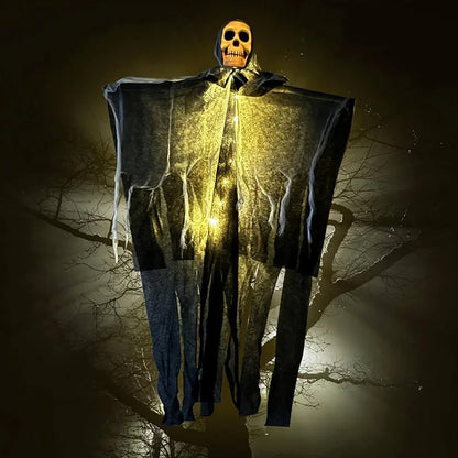 Oplichtende schedel, skelet en gaas met hangende geest voor Halloween, griezelige decoratie voor huis, tuin en buiten 2026