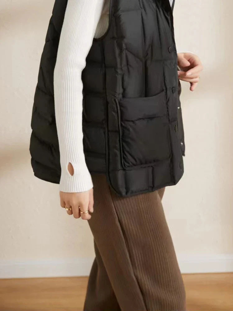 Lightweight Women Hooded Down Vest - Boxy, Down, Autumn