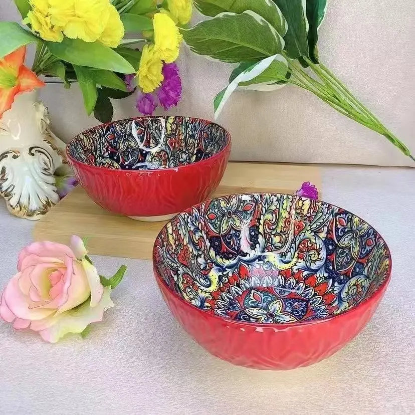 Boheemse keramische kommen set bloemmotief serveerschalen veelzijdig