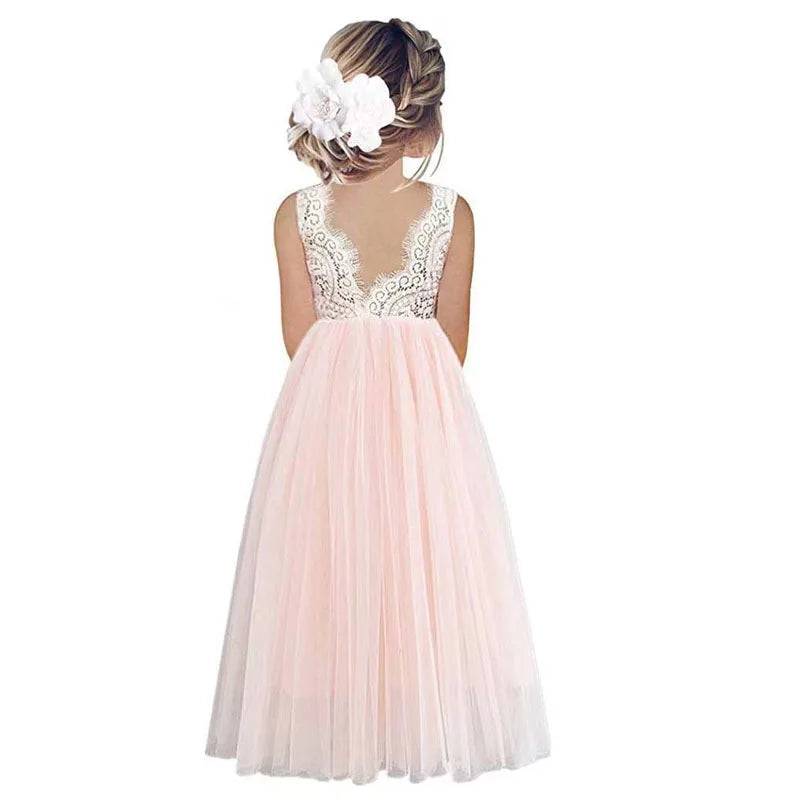 Leichtes Mädchen-Blumenkindkleid - Spitzenoberteil, fließender Tüllrock, Polyester, Für Hochzeit