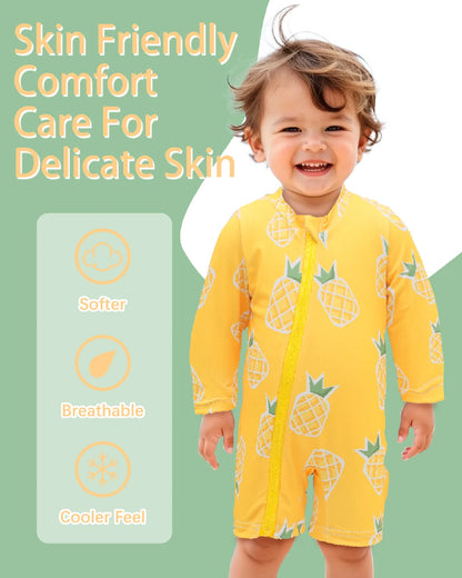Breathable unisex long-sleeve rash guard - one-piece swimsuit, UPF 50+, pineapple print, for babies and toddlers