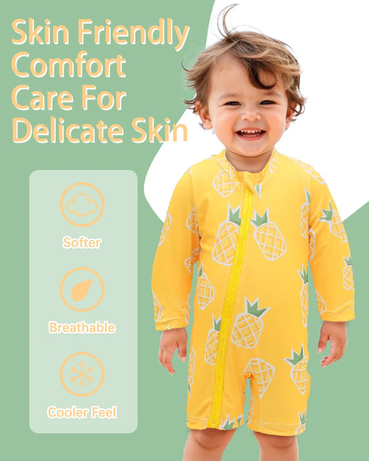 Breathable unisex long-sleeve rash guard - one-piece swimsuit, UPF 50+, pineapple print, for babies and toddlers