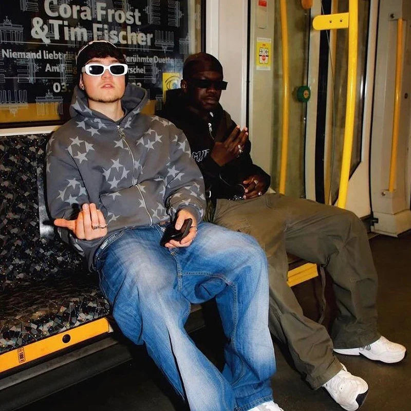 Overdimensjonert herre hettejakke med glidelås - Rhinestone skjelett, bomull