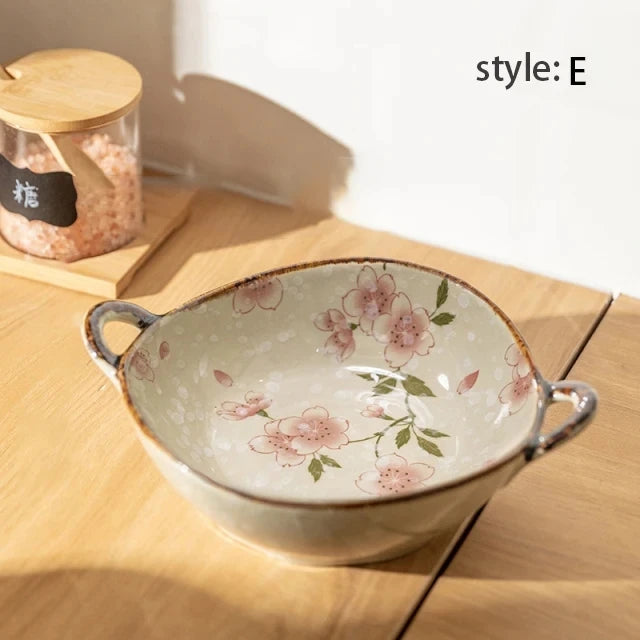 Keramisk nudelskål 7.5 tum med dubbla handtag blommig skål