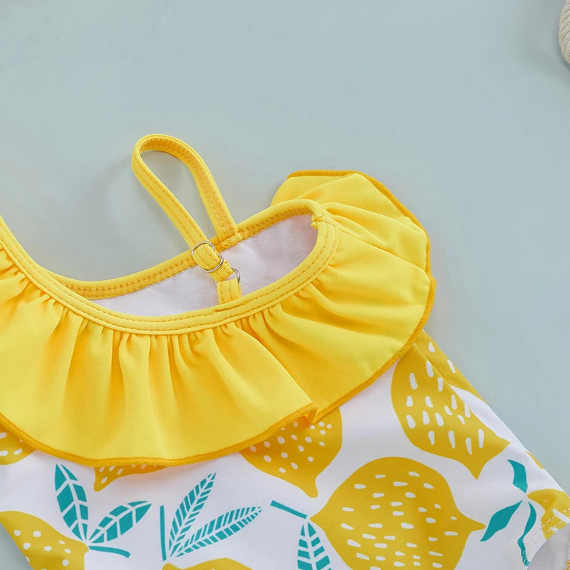Lightweight Girls' Swimsuit - One-Shoulder Ruffle, Lemon Print, Polyester, Summer Beachwear