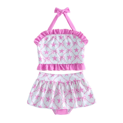 Lightweight girls' bikini set - halter top, starfish print, ruffle trim, polyester, for summer beach