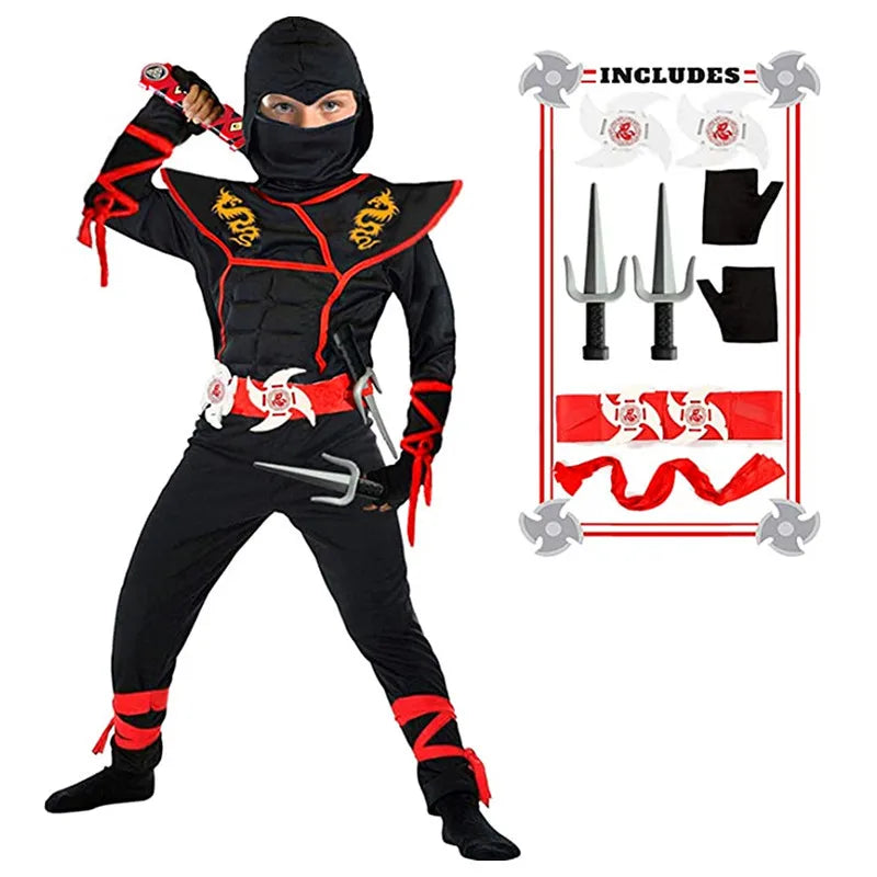Halloweenkostuum voor jongens en meisjes als ninja, gespierde jumpsuit met accessoires van schuim en hoofddeksel 2026