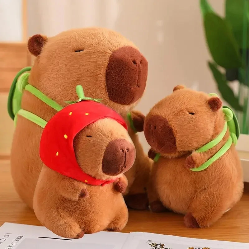 Kawaii Capybara Plush Toy - Fluffy Stuffed Animal with Turtle Bag & Strawberry Cap, Ideal Birthday Gift for Kids & Home Decoration