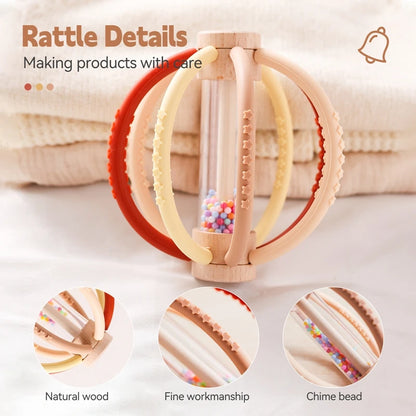 Baby Rattle Silicone Teether Wooden Newborn Sensory Toys