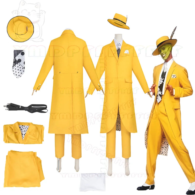 Jim Carrey The Mask-cosplaykostuum met groen gezicht en geel pak, anime-set voor volwassenen, Halloween 2026