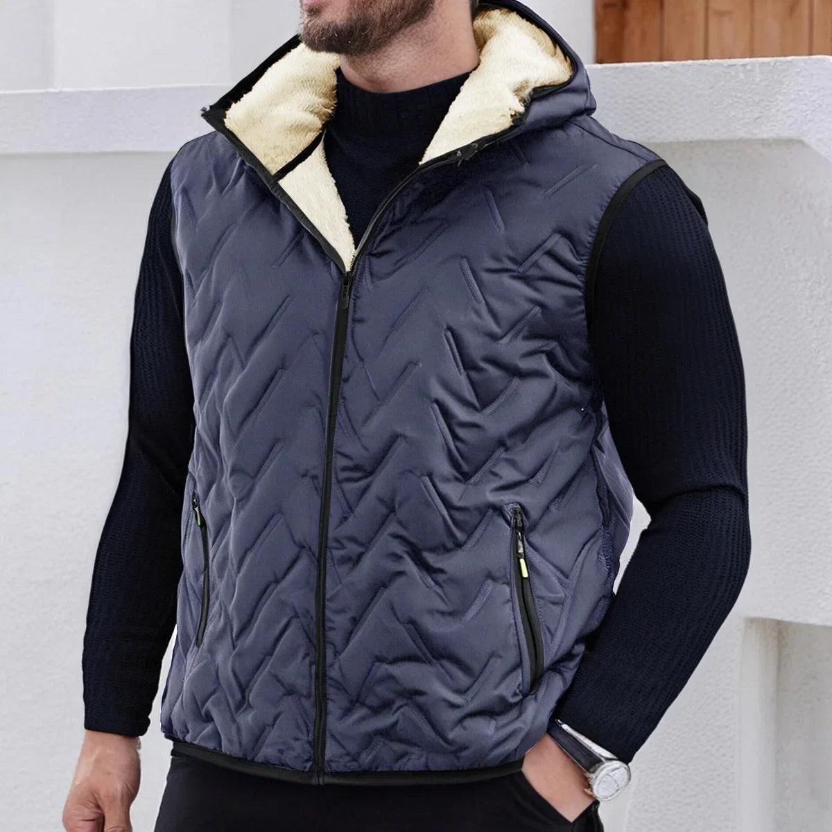Insulating Mens Down Vest - Quilted, Shearling Travel