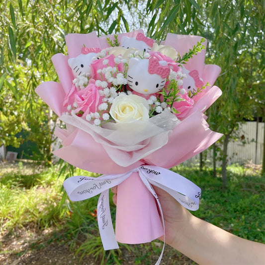 Kawaii Sanrio Hello Kitty Doll Bouquet - Silk Flowers, A Creative Valentine's Day Gift for Christmas & Birthdays