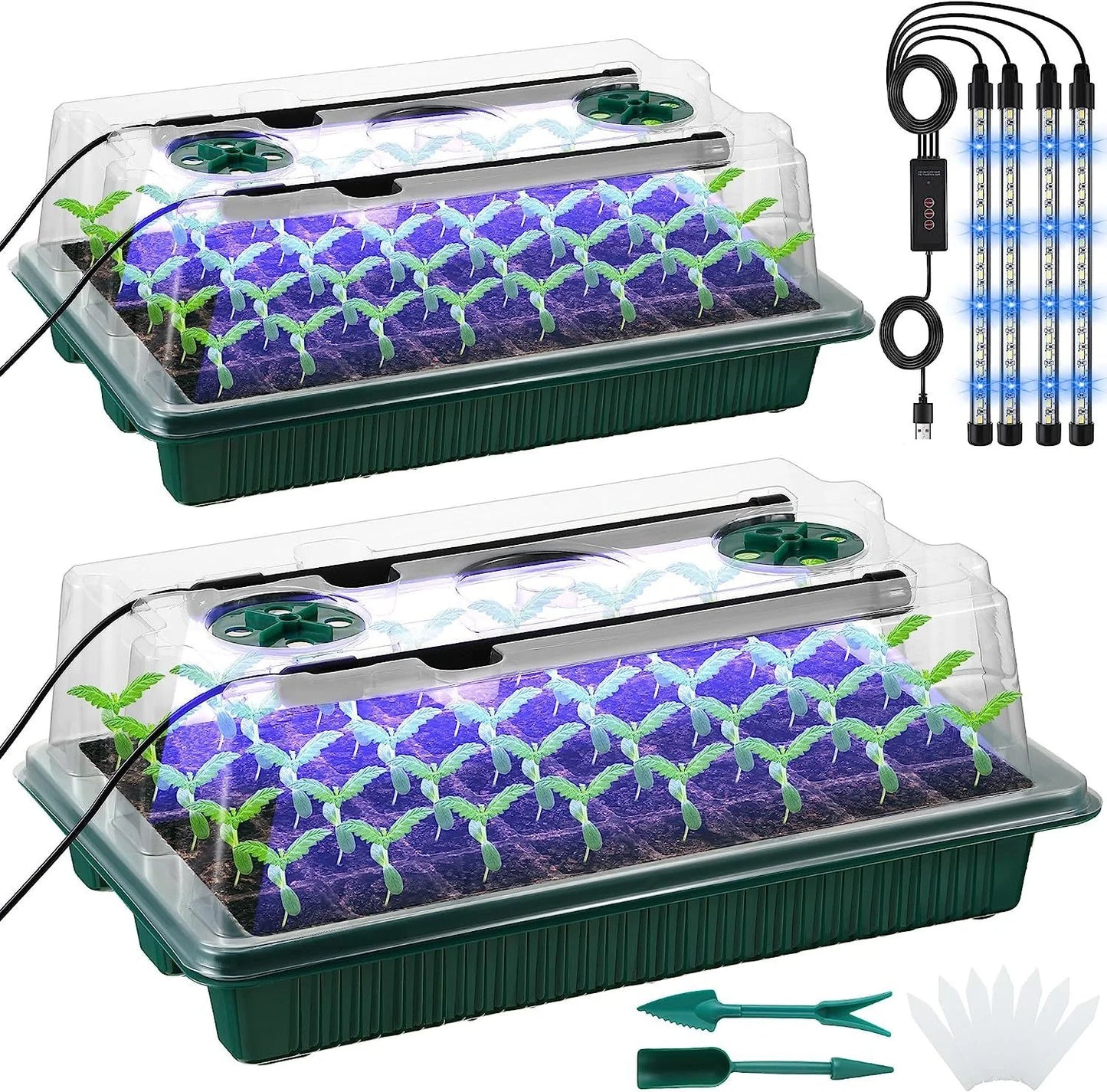 High Dome Seed Starter Trays with LED Grow Lights - 80 Cells, Smart Timer, Garden Tools for Home Gardening