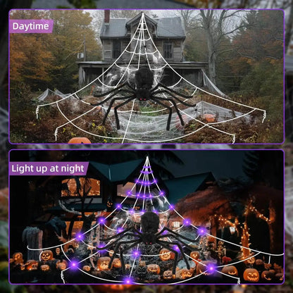 Halloween-spinnenweb met LED-verlichting en realistische enorme spin voor buiten, huis- en tuindecoratie 2026