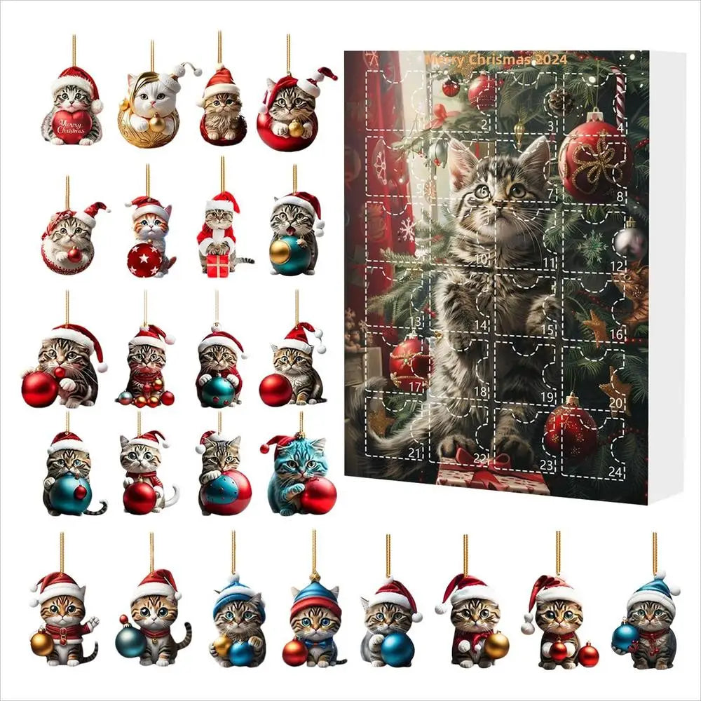 Cute Cat Advent Calendar 2024 - Christmas Countdown Decoration for Kids, Cartoon Holiday Gift