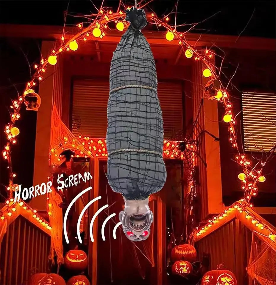 Geanimeerd hangend lijk van 2.46 Ft met LED-ogen, pratend en schuddend, met geluidseffect, Halloweendecoratie 2026