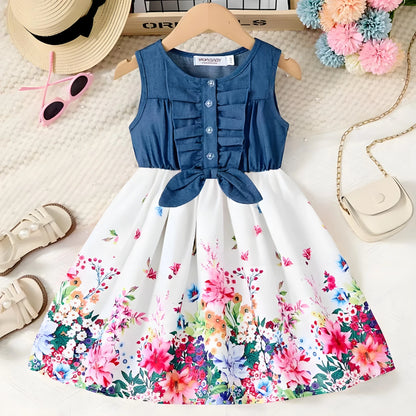 Breathable girls' dress - lace-up sling, sleeveless, flowy, polyester, for summer
