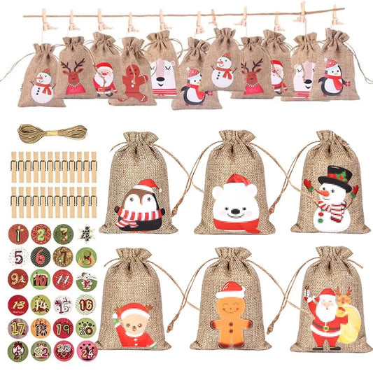 Christmas Advent Calendar 24Pcs Gift Bags Set - Durable Cloth with Customizable Number Stickers for Holiday Decor