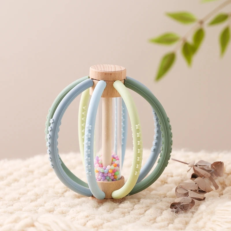 Baby Rattle Silicone Teether Wooden Newborn Sensory Toys