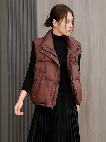 Warm Women’s Down Vest - Stand Collar, Duck Down, Winter