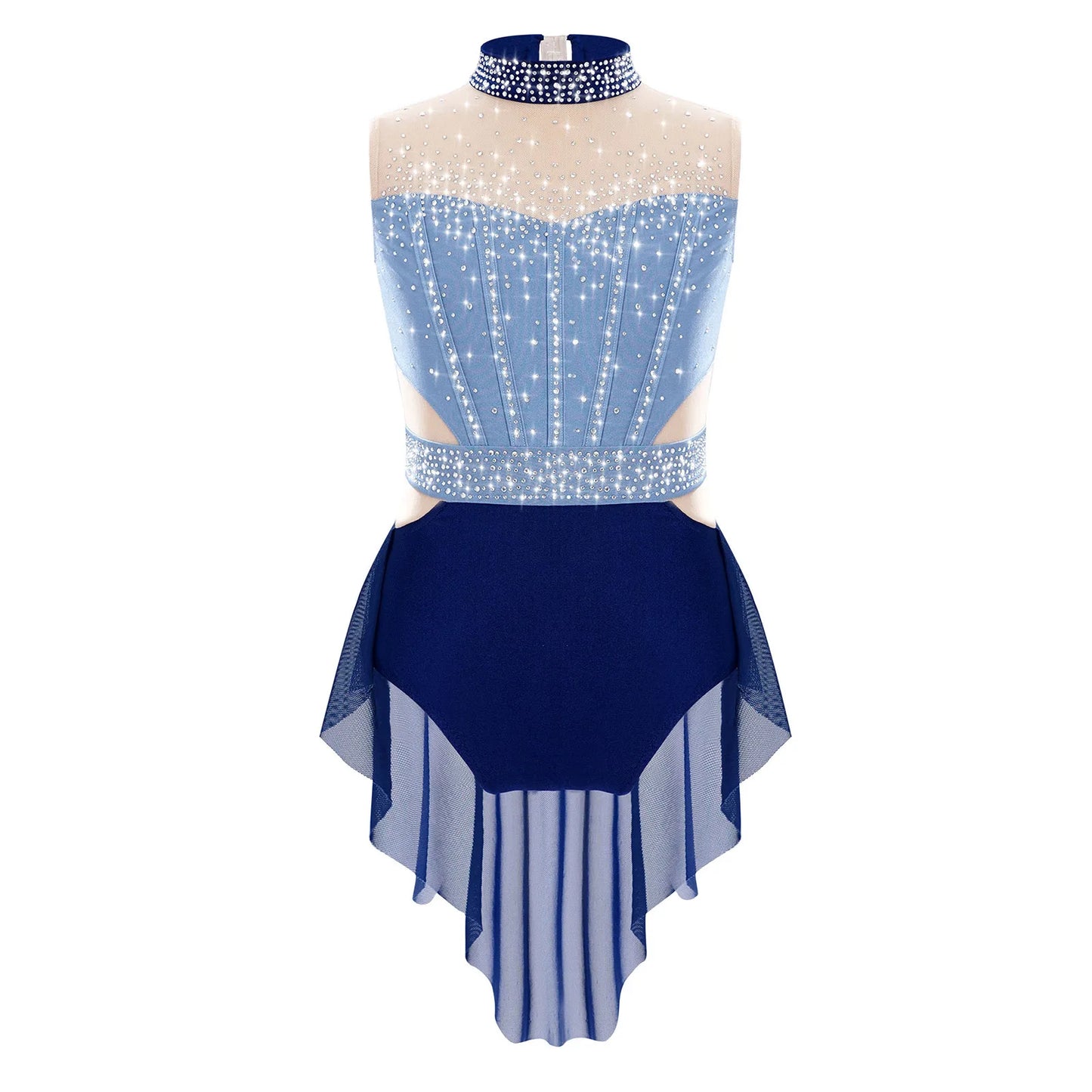 Stretchy Flattering Girls' Dance Leotard - Sleeveless Rhinestone Mesh Top, Polyester, Nylon, Elastane, For Competition
