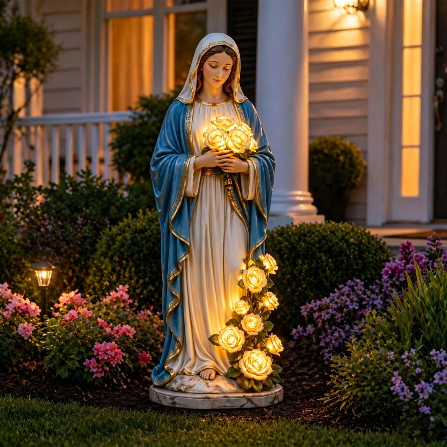Virgin Mary Statue 7.87 Inch Outdoor Resin Garden Decor With Lighting Roses Religious Figurine Mother's Day Gift